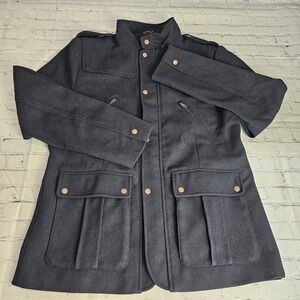 HM Mens Wool Blend Military Field Jacket Black Herringbone Coat 46R XL